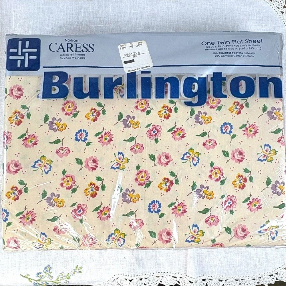 Vintage Burlington Caress Twin Sheet Set Floral Butterfly Scalloped New NOS
